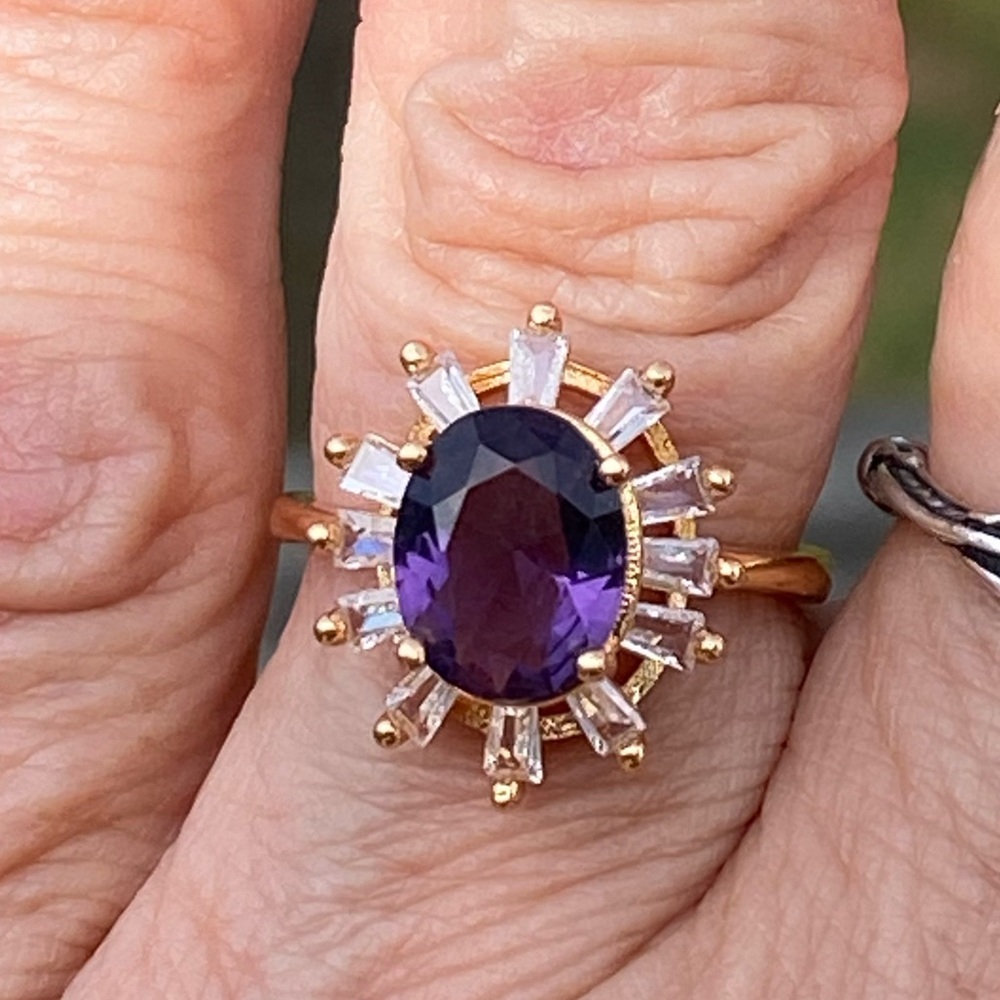 Gold-Plate Purple Oval Halo Ring with Clear Accent Stones adjustable 7 - 9